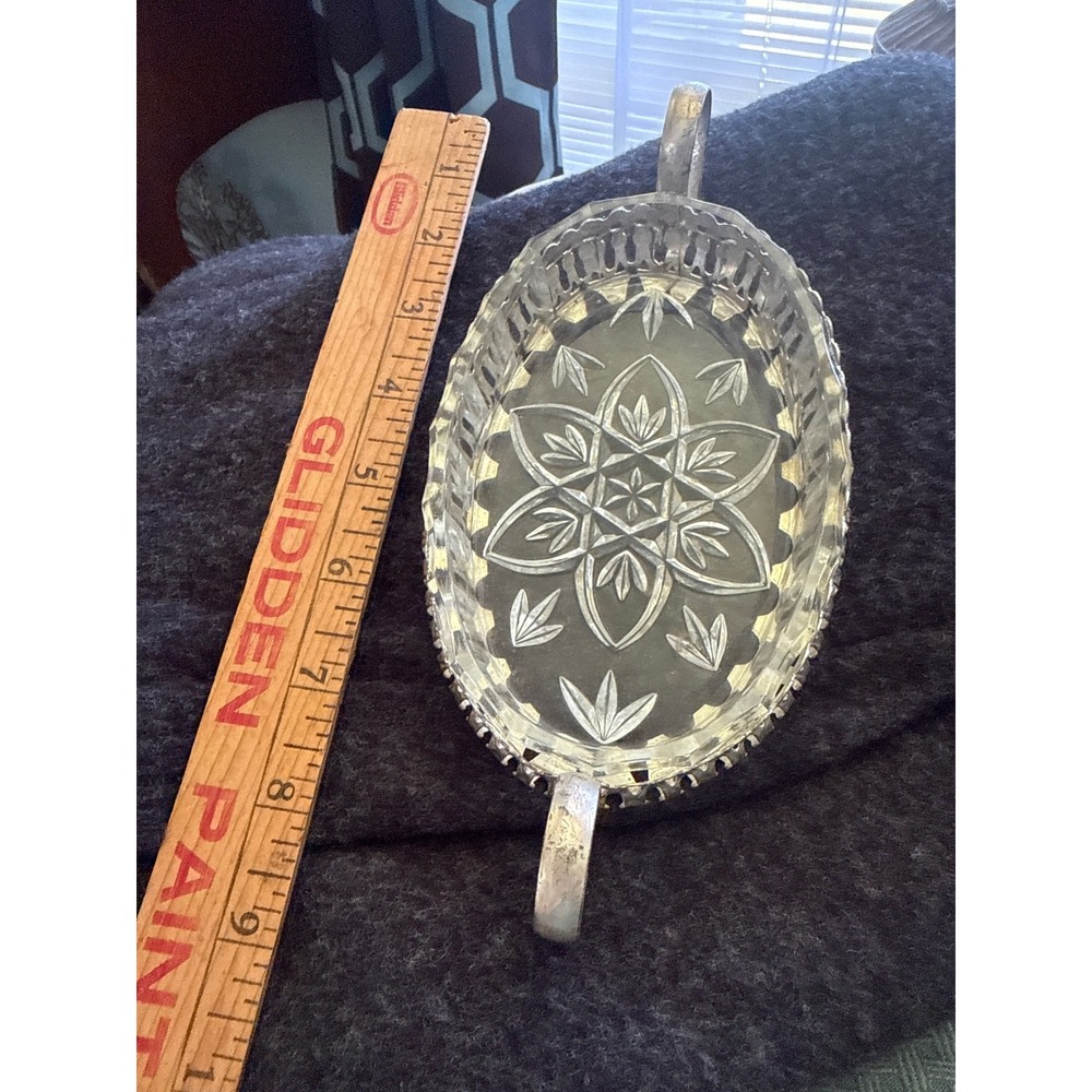 Vintage Etched Glass Trinket Dish Silver Tone Handled Oval Vanity Tray Starburst